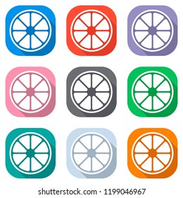 Whole lemon or orange. Simple icon. Set of white icons on colored squares for applications. Seamless and pattern for poster