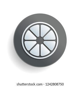 Whole lemon or orange. Simple icon. White paper symbol on gray round button or badge with shadow