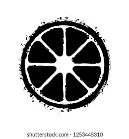 Whole lemon or orange. Simple icon. Black ink with splashes on white background