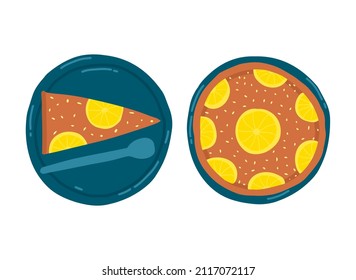 Whole lemon pie and slice on plates. Vector illustration hand drawn style