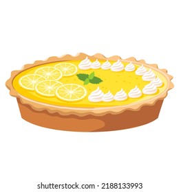 A whole lemon pie with lemon slices and meringues. Lemon tart. Vector illustration.