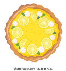 A whole lemon pie with lemon slices and meringues on top. Lemon tart. Vector illustration.