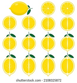 A whole lemon and a set of its segments with a longitudinal and transverse cut. Fresh, juicy, bright, tart citrus. With leaves, seeds and without.