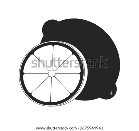 Whole lemon with slice 2D black filled line object. Citrus freshness and vitamin C natural sour fruit. Tangy flavor. Summer nutrition isolated clipart vector ink item. Monochrome spot illustration