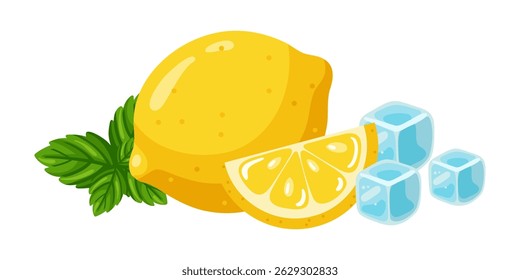 Whole Lemon with slice, ice cubes and mint leaves. Cute and bright cartoon vector illustration on white background