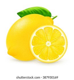 Whole lemon with slice isolated on white background. Realistic vector illustration.