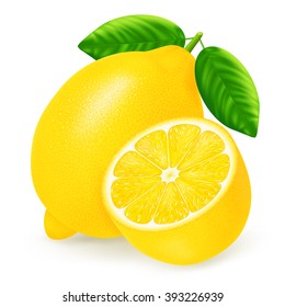 Limón entero con rebanada aislada sobre fondo blanco. Ilustración vectorial realista.