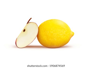 
whole lemon with a slice of red apple on a white background. vector illustration