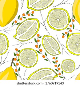 Whole lemon, slices of lemon, twigs with berries on a white background. Vector seamless pattern. Tasty fruit. Design for fabric, print, card, wrapping. 