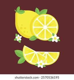 a whole lemon and lemon slices, as well as lemon flowers with leaves on a dark background