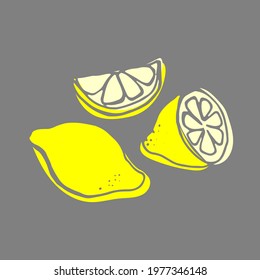Whole lemons, halves and wedges. Yellow curtains on a gray background. Imprint. Vector