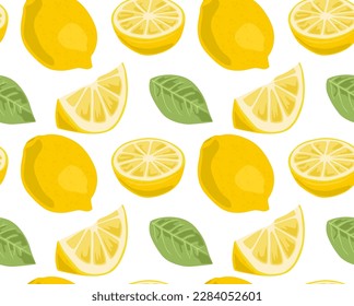 Limones enteros, mitades de limón y rodajas con cáscara y hojas. Patrón sin foco en el vector. Patrón veraniego. Adecuado para impresiones y fondos.