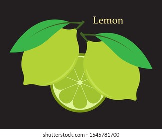 Whole lemons and slice, fresh citrus fruit icon. Vector illustration on a black background.