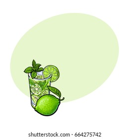 Whole lime and glass of freshly squeezed juice, mojito, cocktail with ice and mint, sketch vector illustration with space for text. Hand drawn glass of lime juice and lime quarter