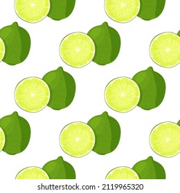 Whole lime and sliced lime with juicy splashes seamless pattern. Realistic vector illustration. Bright food background.