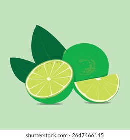 Um limão inteiro e duas metades suculentas de limão, acompanhadas de folhas verdes vibrantes, são representadas em um close-up, ilustração estilizada.