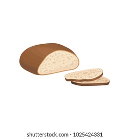 Whole loaf of gray bread with brown crust and slices. Flat detailed cartoon style fresh food icon. Bakery products and baked goods theme. Vector object