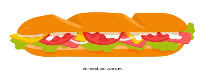 Todo un sándwich de submarino. Delicioso submarino fresco, hoagie con jamón. Ilustración vectorial aislada en un fondo blanco.