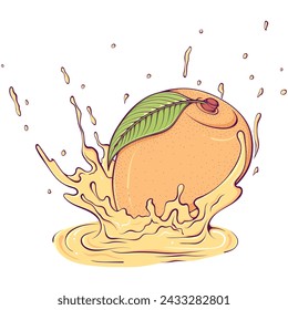 Whole mango with juice splash. Liquid drops. Vector illustration in hand drawn cartoon style. Close up tropical fruit ingredient for fresh juice isolated on white