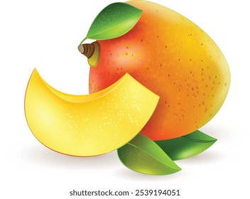 A whole mango with a slice and green leaves on a white background. The mango has a yelloworange skin with a slight reddish hue, and the slice reveals a yelloworange flesh.