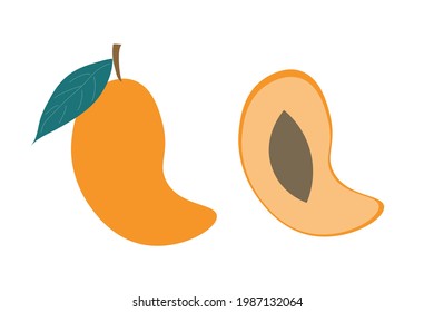 Eine ganze Mango und eine Scheibe Mango auf einzeln weißem Hintergrund. Flache Vektorgrafik. Exotische Früchte.