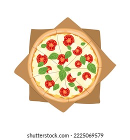 Whole Margarita pizza with mozzarella cheese, tomatoes and basil. Italian snack. Pizza on the craft paper top view. Flat vector illustration isolated on white background