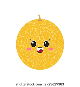 Melón entero, carácter divertido y lindo de la historieta, fruta madura sabrosa, alegría de las emociones, delicia, ojos grandes, cara sonriente feliz, estilo kawaii, Ilustración vectorial del icono.