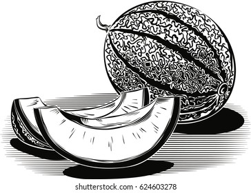 Whole melon and two slices on a white background.