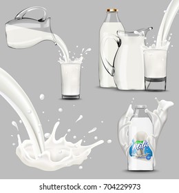 whole milk big set, pouring and splashing milk, glass, carton, jug, bottle 3d vector realistic illustration, diary product design elements