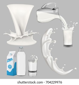 whole milk big set, pouring and splashing milk, glass, carton, jug, bottle 3d vector realistic illustration, diary product design elements