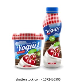 Whole milk organic yogurt or cream bottle and pot vector packaging design with cherry berries, commercial vector meal advertising branding ready mock-up realistic illustration