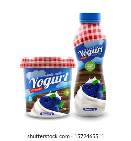 Whole milk organic yogurt or cream bottle and pot vector packaging design with blueberry berries, commercial vector meal advertising branding ready mock-up realistic illustration