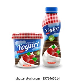 Whole milk organic yogurt or cream  bottle and pot vector packaging design with cranberry berries, commercial vector meal advertising branding ready mock-up realistic illustration