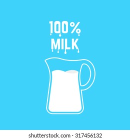 Whole Milk With Thin Line Pitcher. Concept Of Farm, Lactose, Nutrition, Milk Drop, Buttermilk, Container, Dairy. Isolated On Blue Background. Flat Style Trend Modern Logo Design Vector Illustration