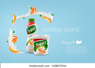 Whole milk yogurt bottle and jar vector design with apricots, commercial vector meal advertising branding ready mock-up realistic illustration