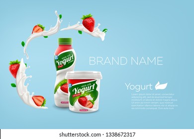 Whole milk yogurt bottle and jar vector design with strawberry berries, commercial vector meal advertising branding ready mock-up realistic illustration