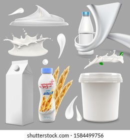 Whole milk, yogurt and cream big splash set, pouring and splashing 3d vector realistic illustration, diary beverage product design elements, packaging, milk carton, bottle