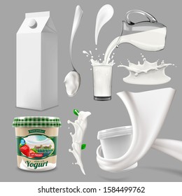 Whole milk, yogurt and cream big splash set, pouring and splashing 3d vector realistic illustration, diary beverage product design elements, packaging, milk carton, bottle