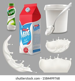 Whole milk, yogurt and cream big splash set, pouring and splashing 3d vector realistic illustration, diary beverage product design elements, packaging, milk carton, bottle