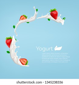 Whole milk yogurt swirl background design with strawberry, commercial vector advertising mock-up realistic illustration