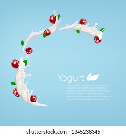 Whole milk yogurt swirl background design with cherry berries, commercial vector advertising mock-up realistic illustration
