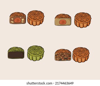 Whole mooncake and half pice show ingredients inside. Mooncakes in different flavours on light background. Mid autumn festival food, vector ink brush hand drawing illustration. Authentic Asian cuisine