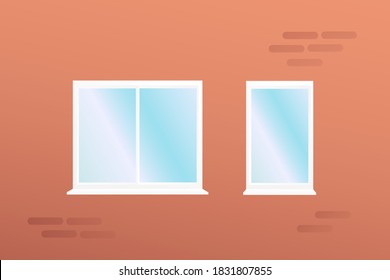 Whole mortar windows on the brick wall on a house. Reflection of the sky from the window. Glass in the window frame.