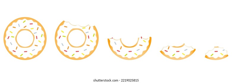 Whole and mouth bite donut set. Sweet white glazed donuts collection. Vector isolated on white background.