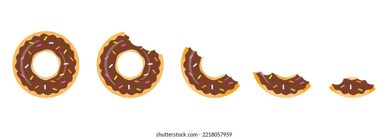 Whole and mouth bite donuts set. Sweet chocolate glazed donuts collection. Vector isolated on white background.