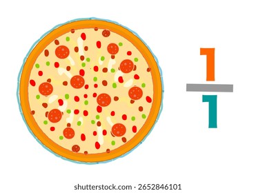 Whole, one by one, fraction pizzas slice. Entire, complete, one total, round, single, undivided Mathematic worksheet. Vector illustration	