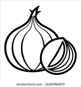 Whole onion with sliced section drawn in continuous line art for culinary illustrations kitchen decor food themed designs or healthy cooking visual concepts in minimalist style