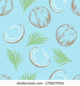 Whole and open coconuts on blue background. Seamless pattern with coco and leaf. Vector illustration. Outline image.