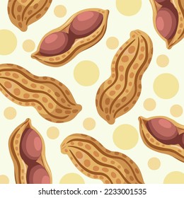 Whole and opened raw salty roasted peanuts pattern vector illustration backgrounds isoalted. Food drawing with cartoon flat art style. Wallpaper for social media post, poster, brochure, and others.