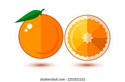 whole orange, cut orange, flat vector